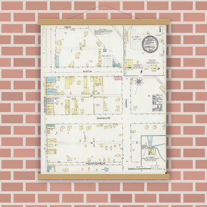 Old map wall art mockup — magnetic wood frame on brick wall — Sanborn Fire Insurance Map from San Marcos, Hays County, Texas (1891) - Complete Map Set