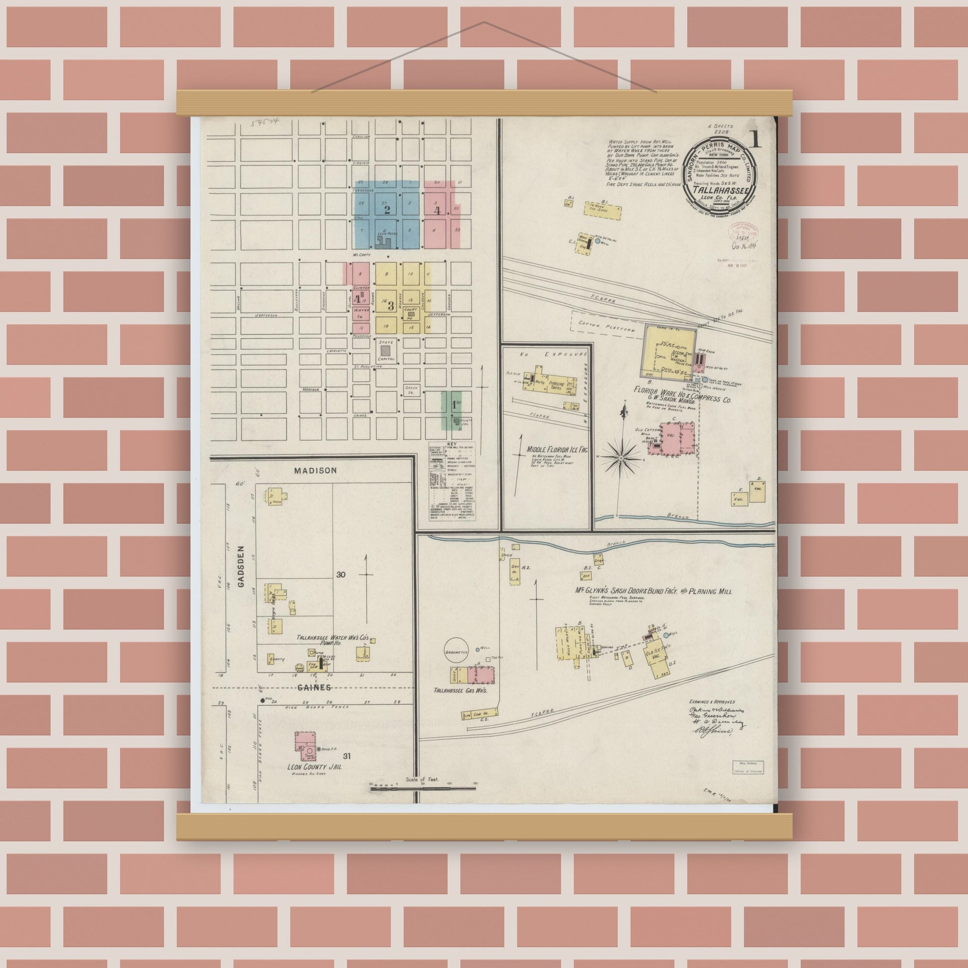 Old map wall art mockup — magnetic wood frame on brick wall — Sanborn Fire Insurance Map from Tallahassee, Leon County, Florida (1895), Sheet #0001