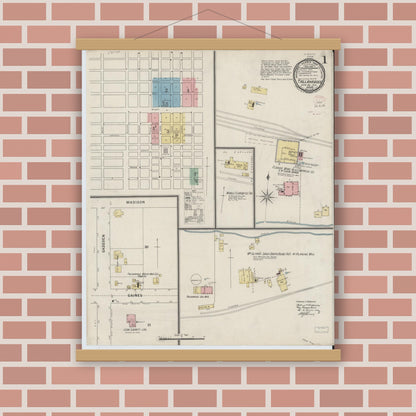 Old map wall art mockup — magnetic wood frame on brick wall — Sanborn Fire Insurance Map from Tallahassee, Leon County, Florida (1895), Sheet #0001