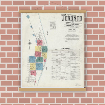 Old map wall art mockup — magnetic wood frame on brick wall — Sanborn Fire Insurance Map from Toronto, Jefferson County, Ohio (1911) - Complete Map Set