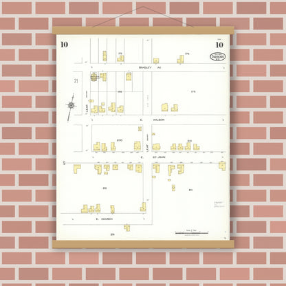 Old map wall art mockup — magnetic wood frame on brick wall — Sanborn Fire Insurance Map from Tarboro, Edgecombe County, North Carolina (1923), Sheet #0010