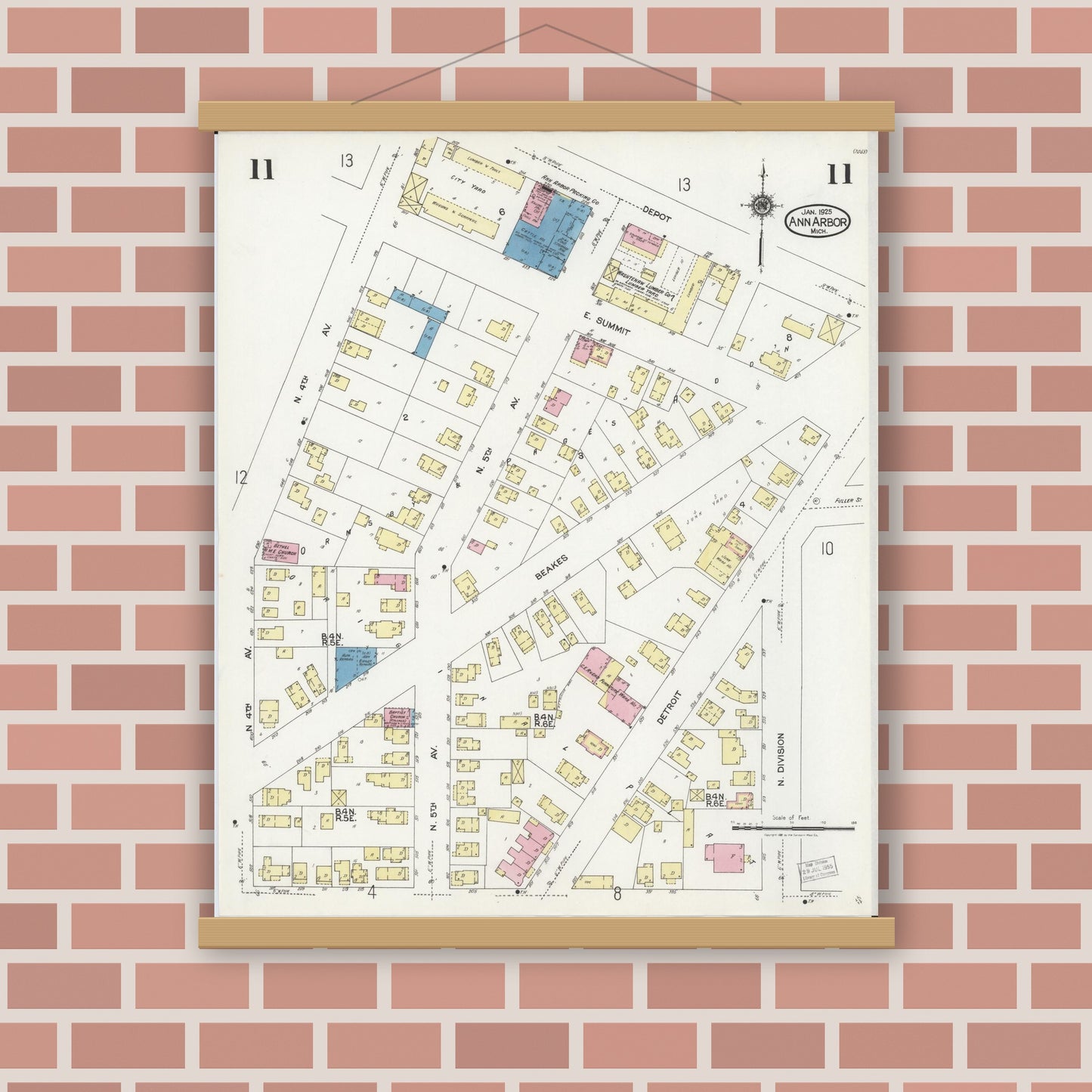 Old map wall art mockup — magnetic wood frame on brick wall — Sanborn Fire Insurance Map from Ann Arbor, Washtenaw County, Michigan (1925), Sheet #0011