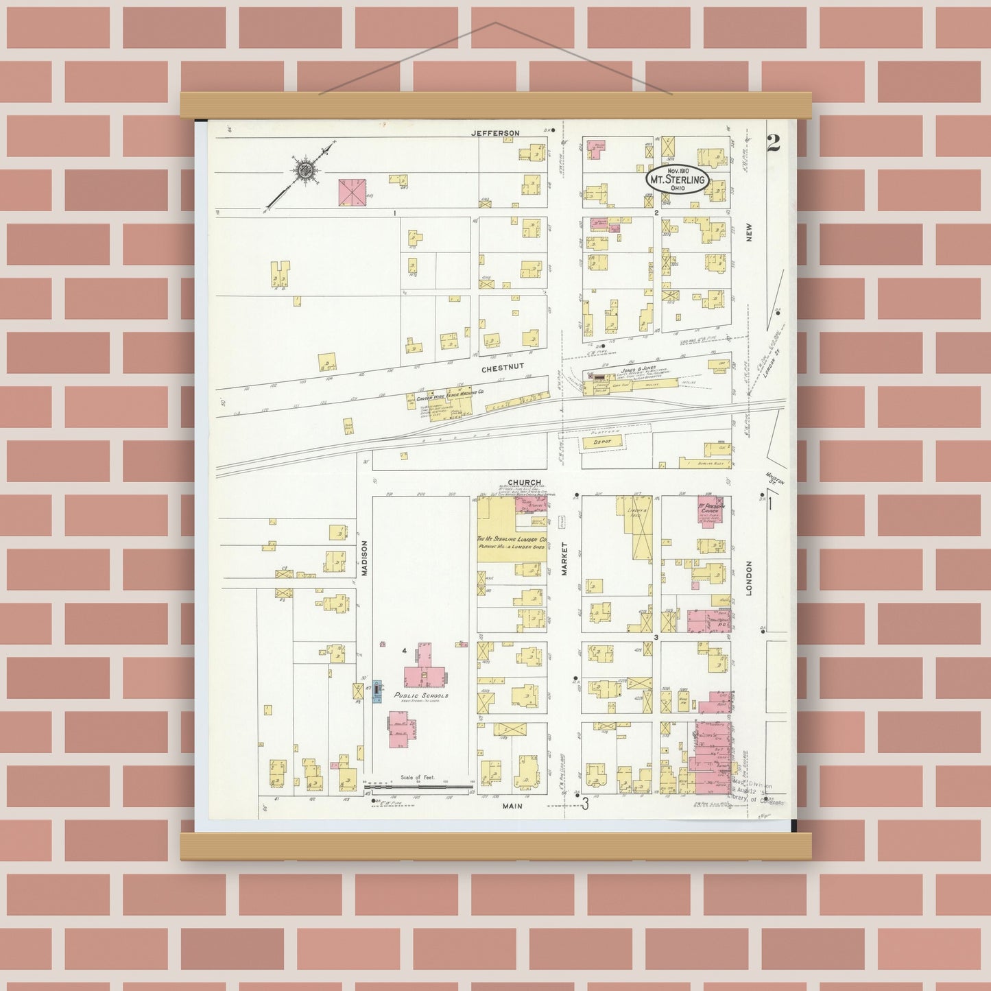 Old map wall art mockup — magnetic wood frame on brick wall — Sanborn Fire Insurance Map from Mount Sterling, Madison County, Ohio (1910), Sheet #0002