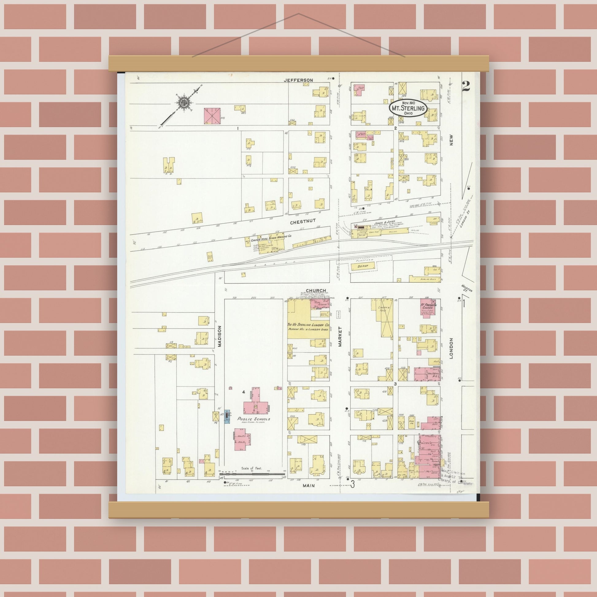 Old map wall art mockup — magnetic wood frame on brick wall — Sanborn Fire Insurance Map from Mount Sterling, Madison County, Ohio (1910), Sheet #0002
