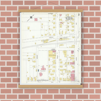 Old map wall art mockup — magnetic wood frame on brick wall — Sanborn Fire Insurance Map from Mount Sterling, Madison County, Ohio (1910), Sheet #0002