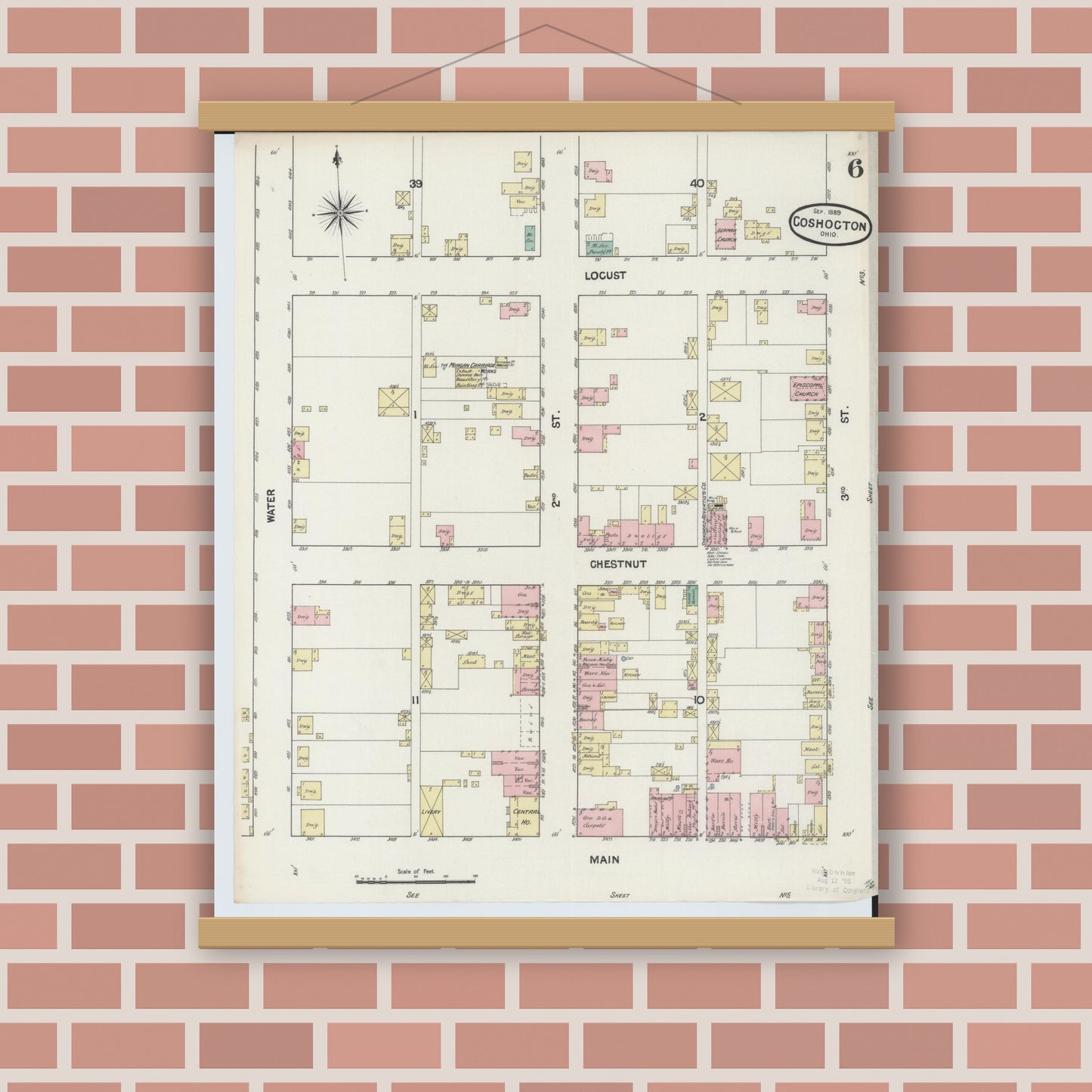 Old map wall art mockup — magnetic wood frame on brick wall — Sanborn Fire Insurance Map from Coshocton, Coshocton County, Ohio (1889), Sheet #0006