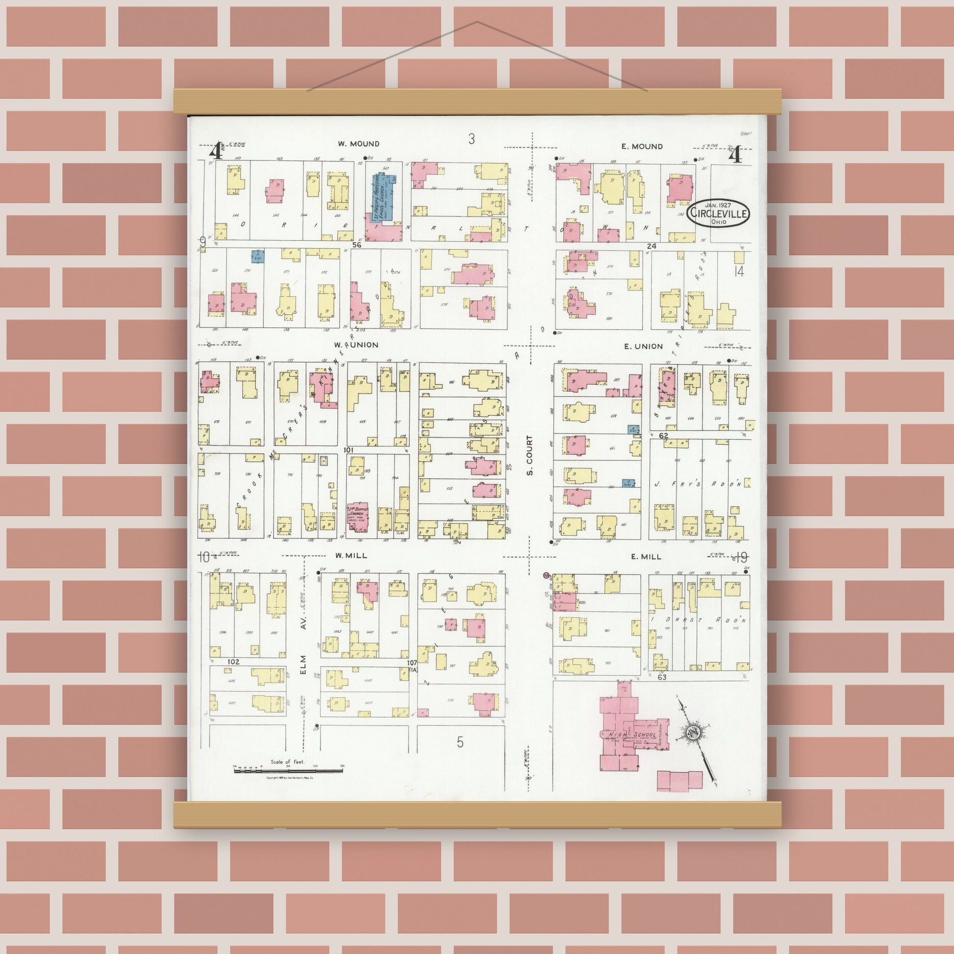 Old map wall art mockup — magnetic wood frame on brick wall — Sanborn Fire Insurance Map from Circleville, Pickaway County, Ohio (1927), Sheet #0004