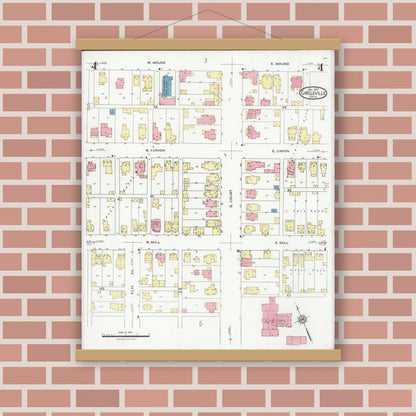 Old map wall art mockup — magnetic wood frame on brick wall — Sanborn Fire Insurance Map from Circleville, Pickaway County, Ohio (1927), Sheet #0004
