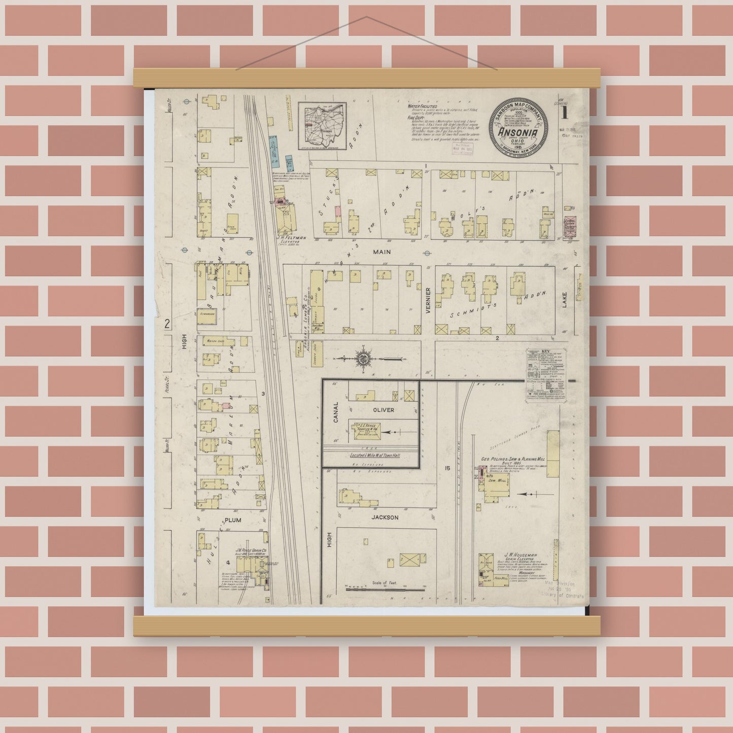 Old map wall art mockup — magnetic wood frame on brick wall — Sanborn Fire Insurance Map from Ansonia, Darke County, Ohio (1915) - Complete Map Set