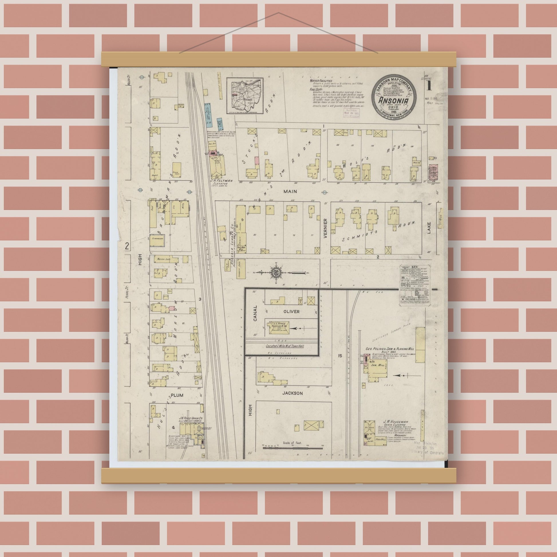 Old map wall art mockup — magnetic wood frame on brick wall — Sanborn Fire Insurance Map from Ansonia, Darke County, Ohio (1915) - Complete Map Set
