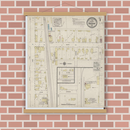 Old map wall art mockup — magnetic wood frame on brick wall — Sanborn Fire Insurance Map from Ansonia, Darke County, Ohio (1915) - Complete Map Set