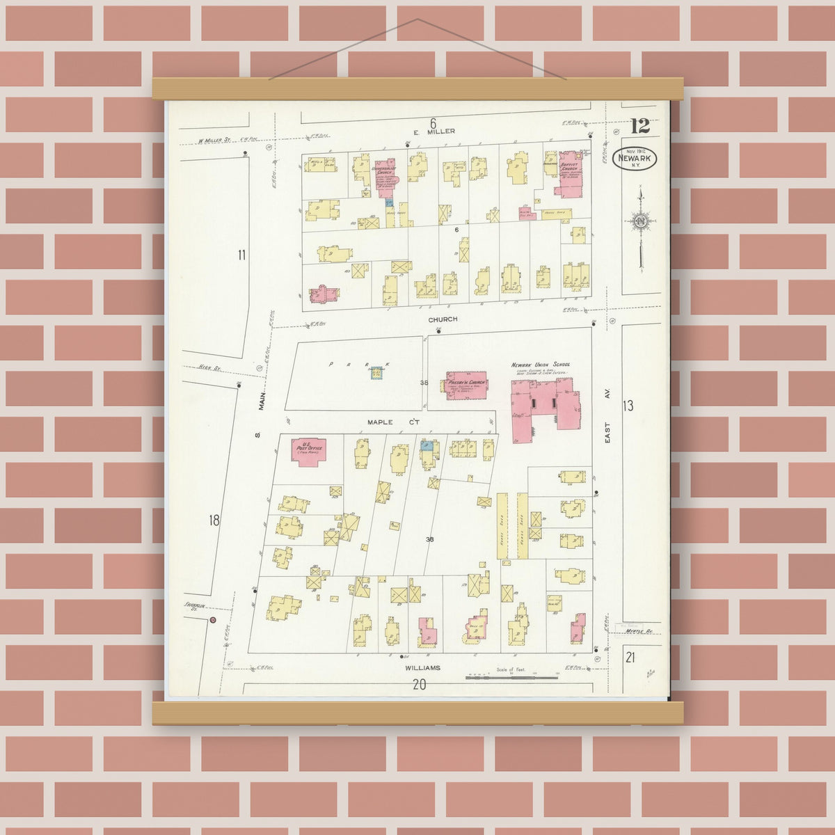Old map wall art mockup — magnetic wood frame on brick wall — Sanborn Fire Insurance Map from Newark, Wayne County, New York (1912), Sheet #0012