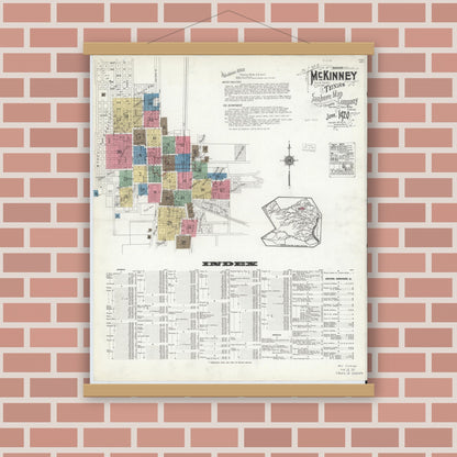 Old map wall art mockup — magnetic wood frame on brick wall — Sanborn Fire Insurance Map from McKinney, Collin County, Texas (1920) - Complete Map Set