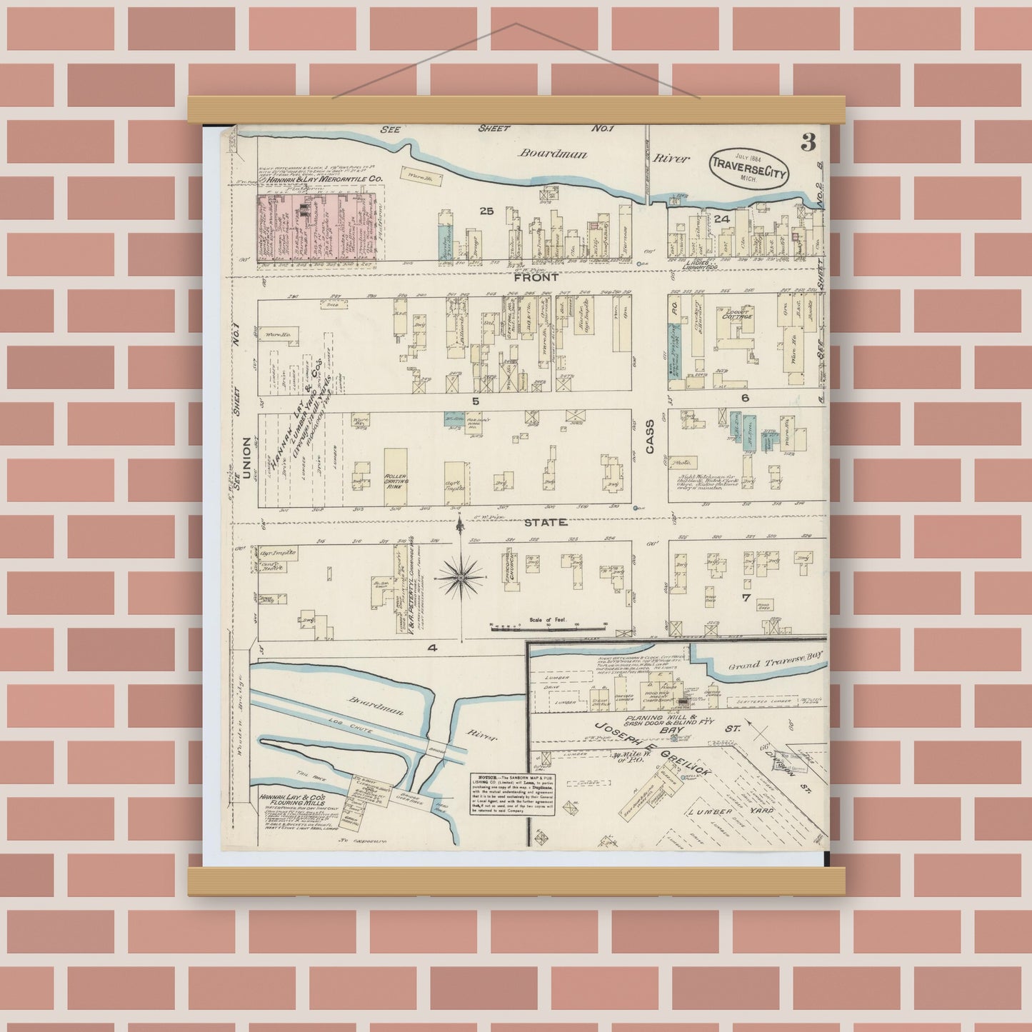 Old map wall art mockup — magnetic wood frame on brick wall — Sanborn Fire Insurance Map from Traverse City, Grand Traverse County, Michigan (1884), Sheet #0003