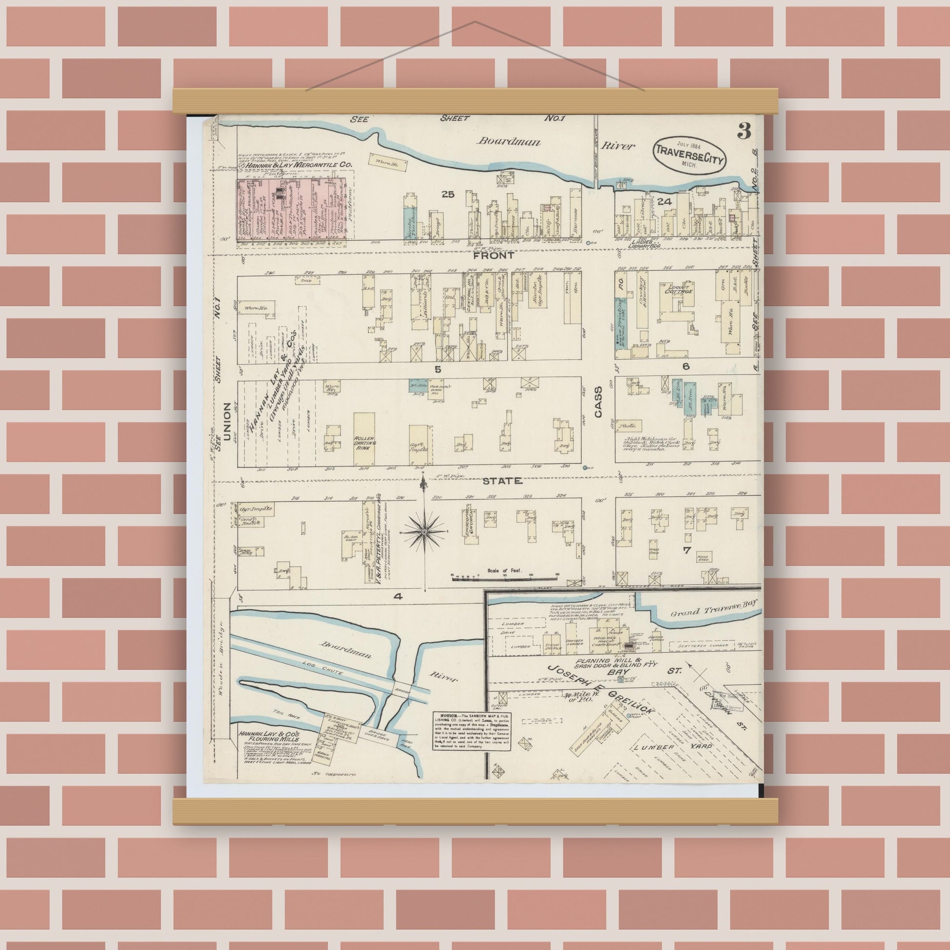 Old map wall art mockup — magnetic wood frame on brick wall — Sanborn Fire Insurance Map from Traverse City, Grand Traverse County, Michigan (1884), Sheet #0003