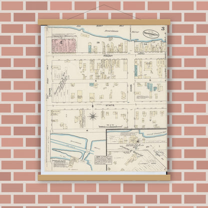 Old map wall art mockup — magnetic wood frame on brick wall — Sanborn Fire Insurance Map from Traverse City, Grand Traverse County, Michigan (1884), Sheet #0003