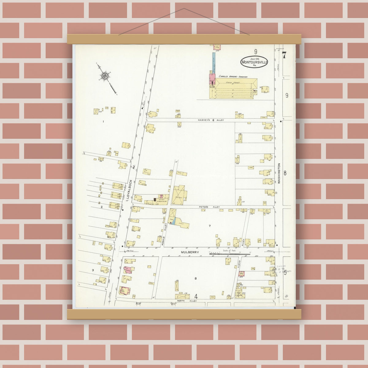 Old map wall art mockup — magnetic wood frame on brick wall — Sanborn Fire Insurance Map from Montoursville, Lycoming County, Pennsylvania (1912), Sheet #0007