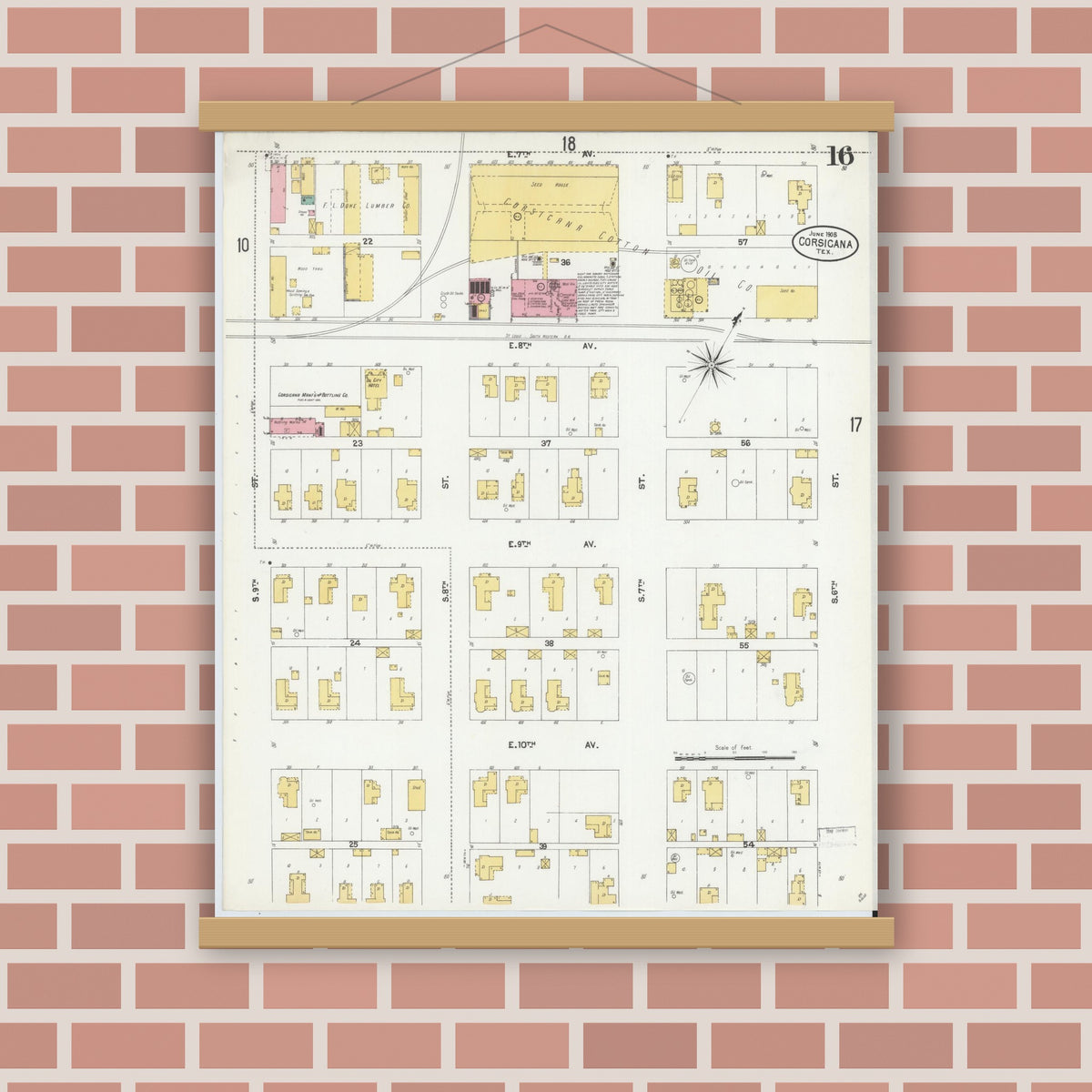 Old map wall art mockup — magnetic wood frame on brick wall — Sanborn Fire Insurance Map from Corsicana, Navarro County, Texas (1905), Sheet #0016