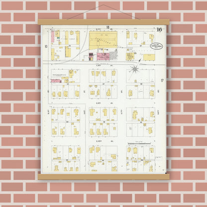 Old map wall art mockup — magnetic wood frame on brick wall — Sanborn Fire Insurance Map from Corsicana, Navarro County, Texas (1905), Sheet #0016