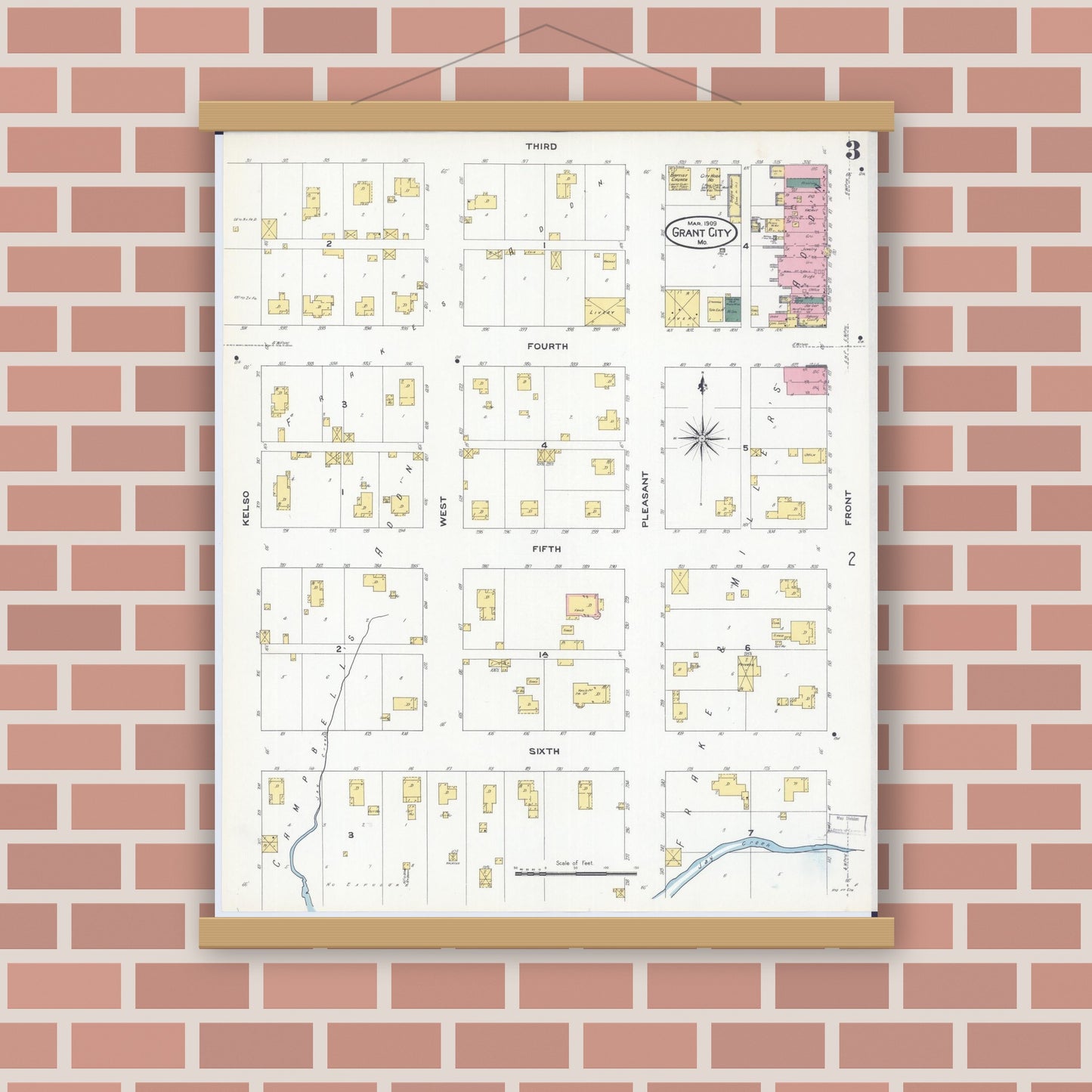 Old map wall art mockup — magnetic wood frame on brick wall — Sanborn Fire Insurance Map from Grant City, Worth County, Missouri (1909), Sheet #0003