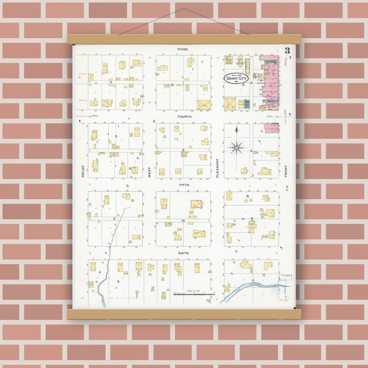 Old map wall art mockup — magnetic wood frame on brick wall — Sanborn Fire Insurance Map from Grant City, Worth County, Missouri (1909), Sheet #0003