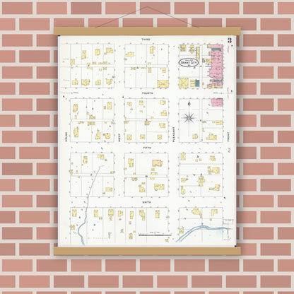 Old map wall art mockup — magnetic wood frame on brick wall — Sanborn Fire Insurance Map from Grant City, Worth County, Missouri (1909), Sheet #0003