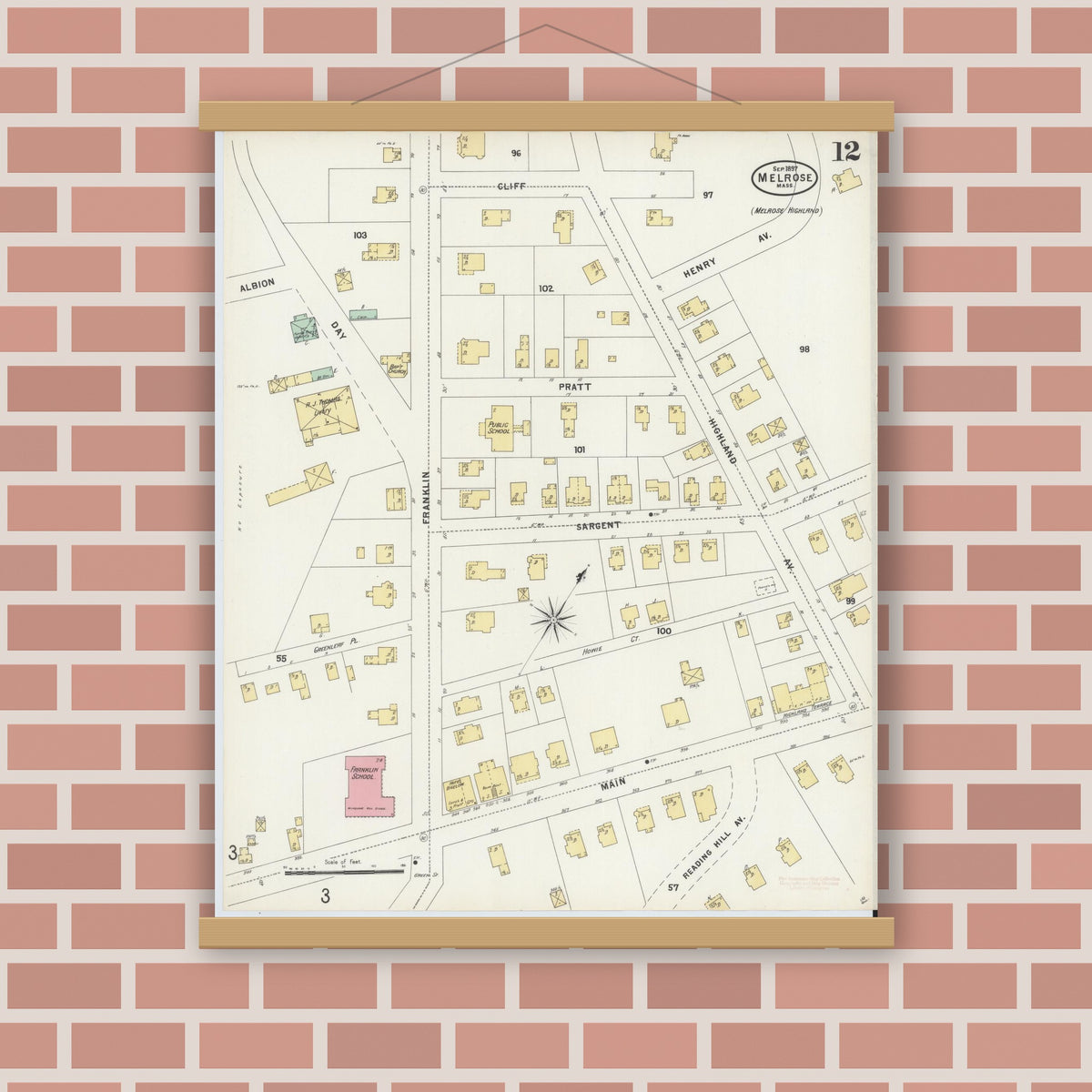 Old map wall art mockup — magnetic wood frame on brick wall — Sanborn Fire Insurance Map from Melrose, Middlesex County, Massachusetts (1897), Sheet #0012
