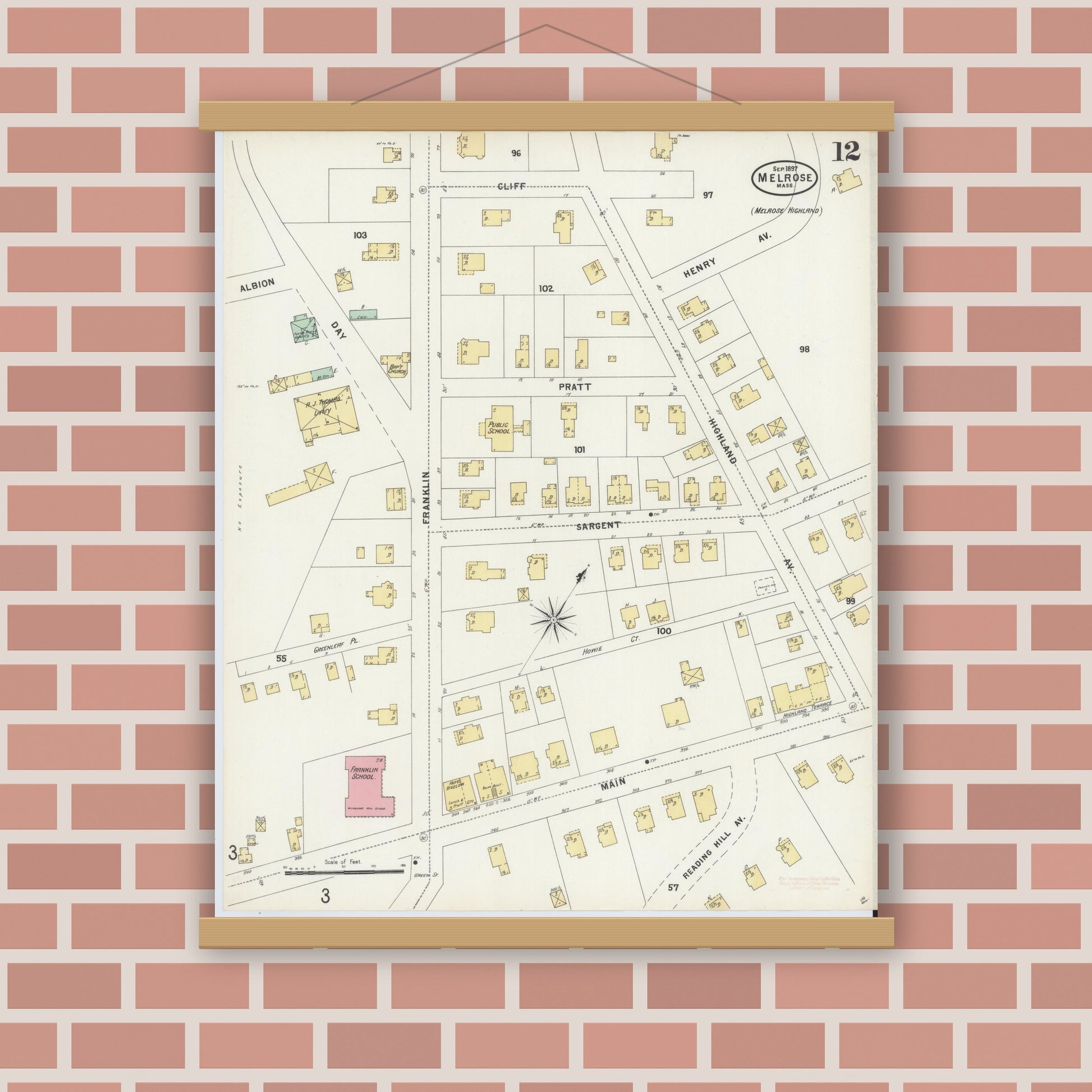 Old map wall art mockup — magnetic wood frame on brick wall — Sanborn Fire Insurance Map from Melrose, Middlesex County, Massachusetts (1897), Sheet #0012