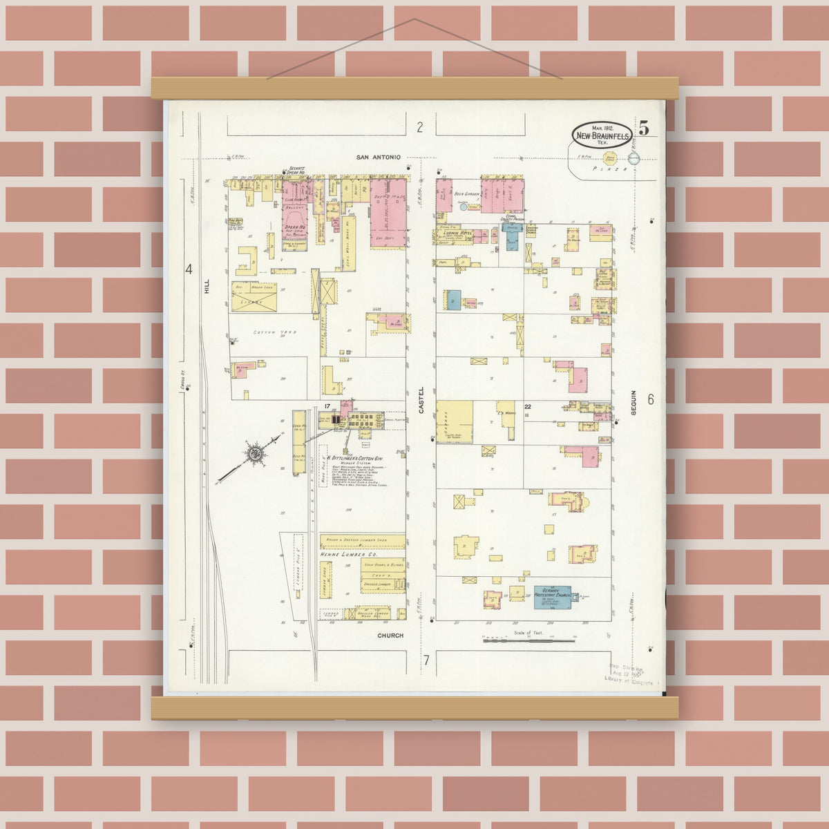 Old map wall art mockup — magnetic wood frame on brick wall — Sanborn Fire Insurance Map from New Braunfels, Comal County, Texas (1912), Sheet #0005