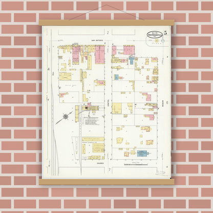 Old map wall art mockup — magnetic wood frame on brick wall — Sanborn Fire Insurance Map from New Braunfels, Comal County, Texas (1912), Sheet #0005