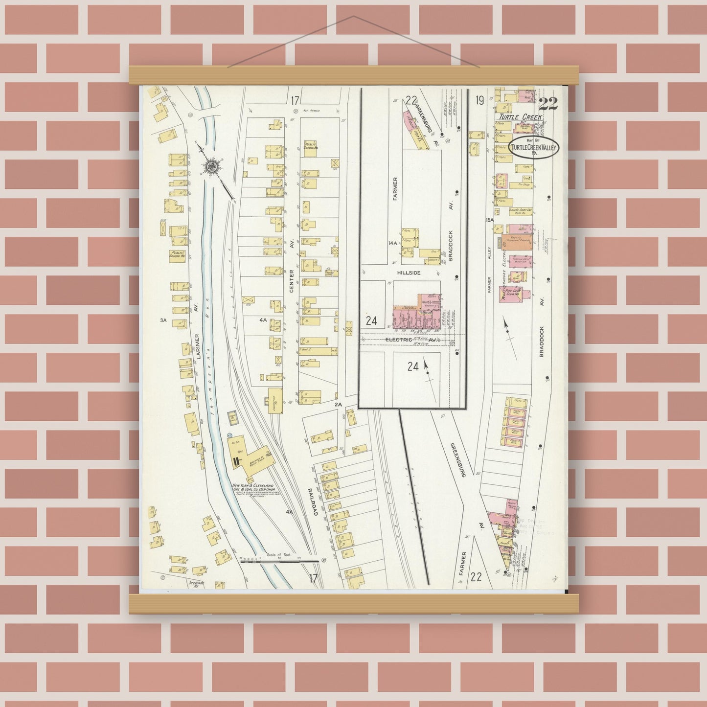 Old map wall art mockup — magnetic wood frame on brick wall — Sanborn Fire Insurance Map from Turtle Creek Valley, Allegheny County, Pennsylvania (1911), Sheet #0022
