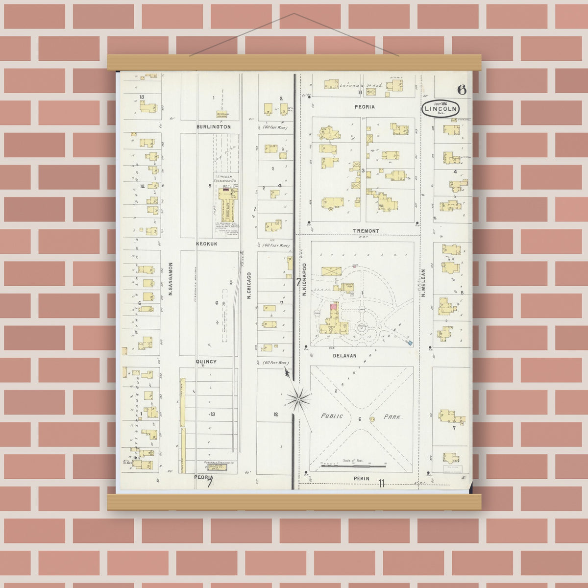 Old map wall art mockup — magnetic wood frame on brick wall — Sanborn Fire Insurance Map from Lincoln, Logan County, Illinois (1896), Sheet #0006