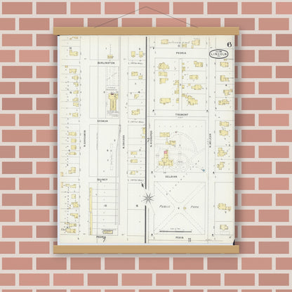 Old map wall art mockup — magnetic wood frame on brick wall — Sanborn Fire Insurance Map from Lincoln, Logan County, Illinois (1896), Sheet #0006