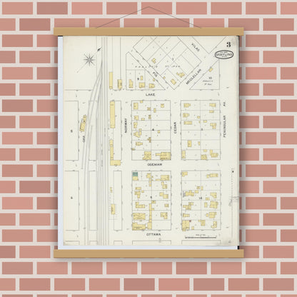 Old map wall art mockup — magnetic wood frame on brick wall — Sanborn Fire Insurance Map from Grayling, Crawford County, Michigan (1894), Sheet #0003