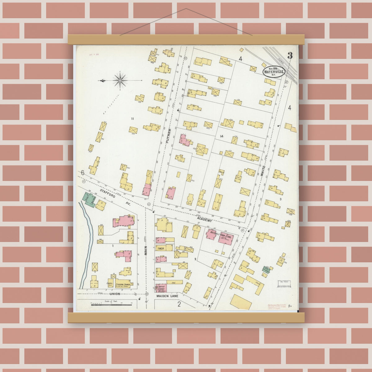 Old map wall art mockup — magnetic wood frame on brick wall — Sanborn Fire Insurance Map from Waterville, Oneida County, New York (1899), Sheet #0003