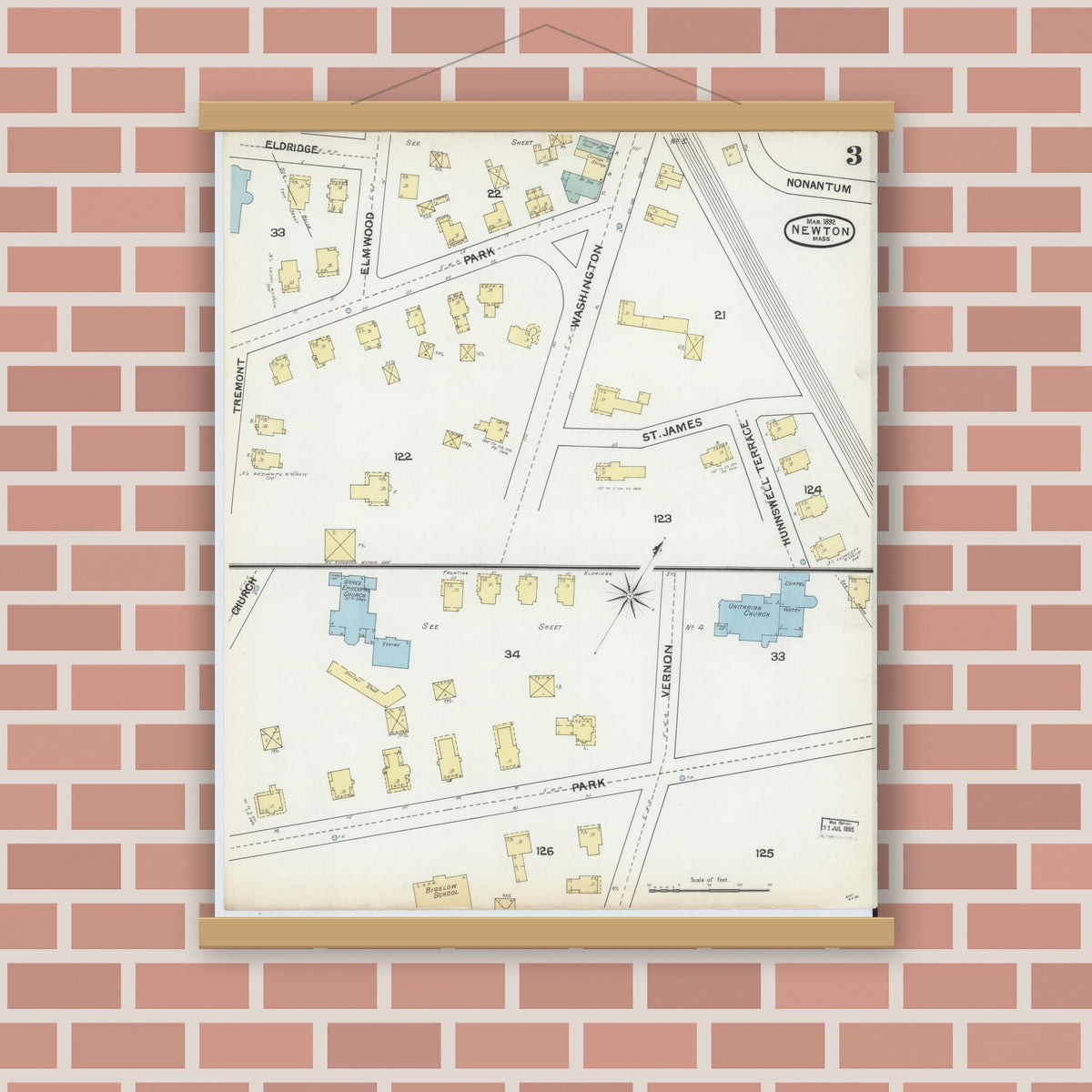 Old map wall art mockup — magnetic wood frame on brick wall — Sanborn Fire Insurance Map from Newton, Middlesex County, Massachusetts (1892), Sheet #0003