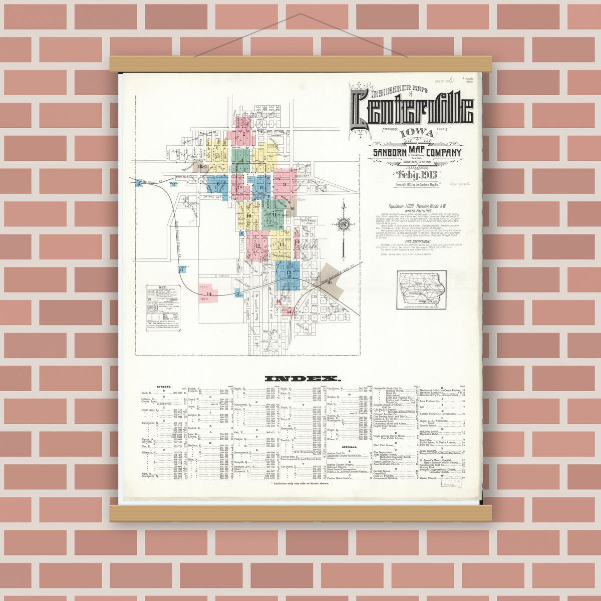 Old map wall art mockup — magnetic wood frame on brick wall — Sanborn Fire Insurance Map from Centerville, Appanoose County, Iowa (1913) â€” Complete Set