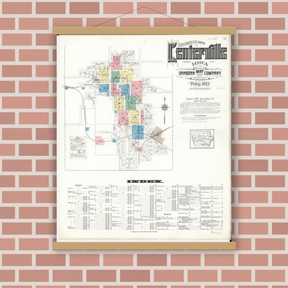 Old map wall art mockup — magnetic wood frame on brick wall — Sanborn Fire Insurance Map from Centerville, Appanoose County, Iowa (1913) â€” Complete Set