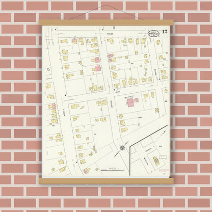 Old map wall art mockup — magnetic wood frame on brick wall — Sanborn Fire Insurance Map from Waterloo, Seneca County, New York (1911), Sheet #0012