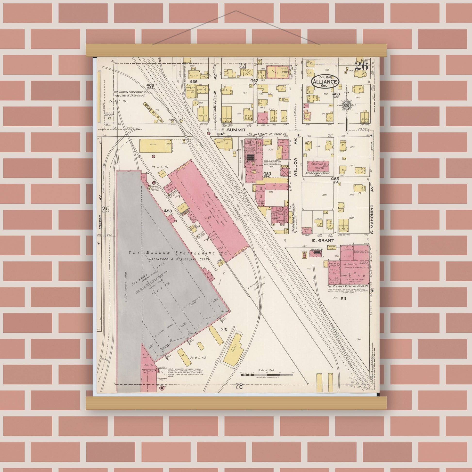 Old map wall art mockup — magnetic wood frame on brick wall — Sanborn Fire Insurance Map from Alliance, Stark County, Ohio (1921), Sheet #0026