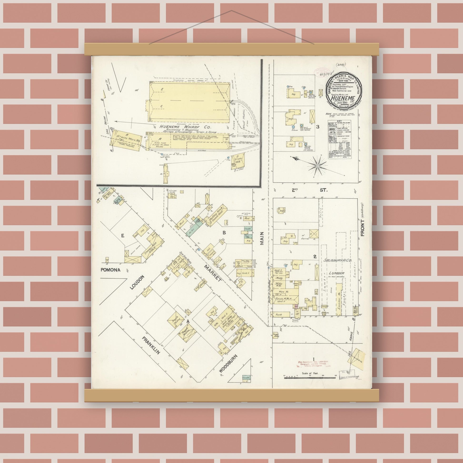 Old map wall art mockup — magnetic wood frame on brick wall — Sanborn Fire Insurance Map from Hueneme, Ventura County, California (1890), Sheet #0001