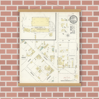 Old map wall art mockup — magnetic wood frame on brick wall — Sanborn Fire Insurance Map from Hueneme, Ventura County, California (1890), Sheet #0001