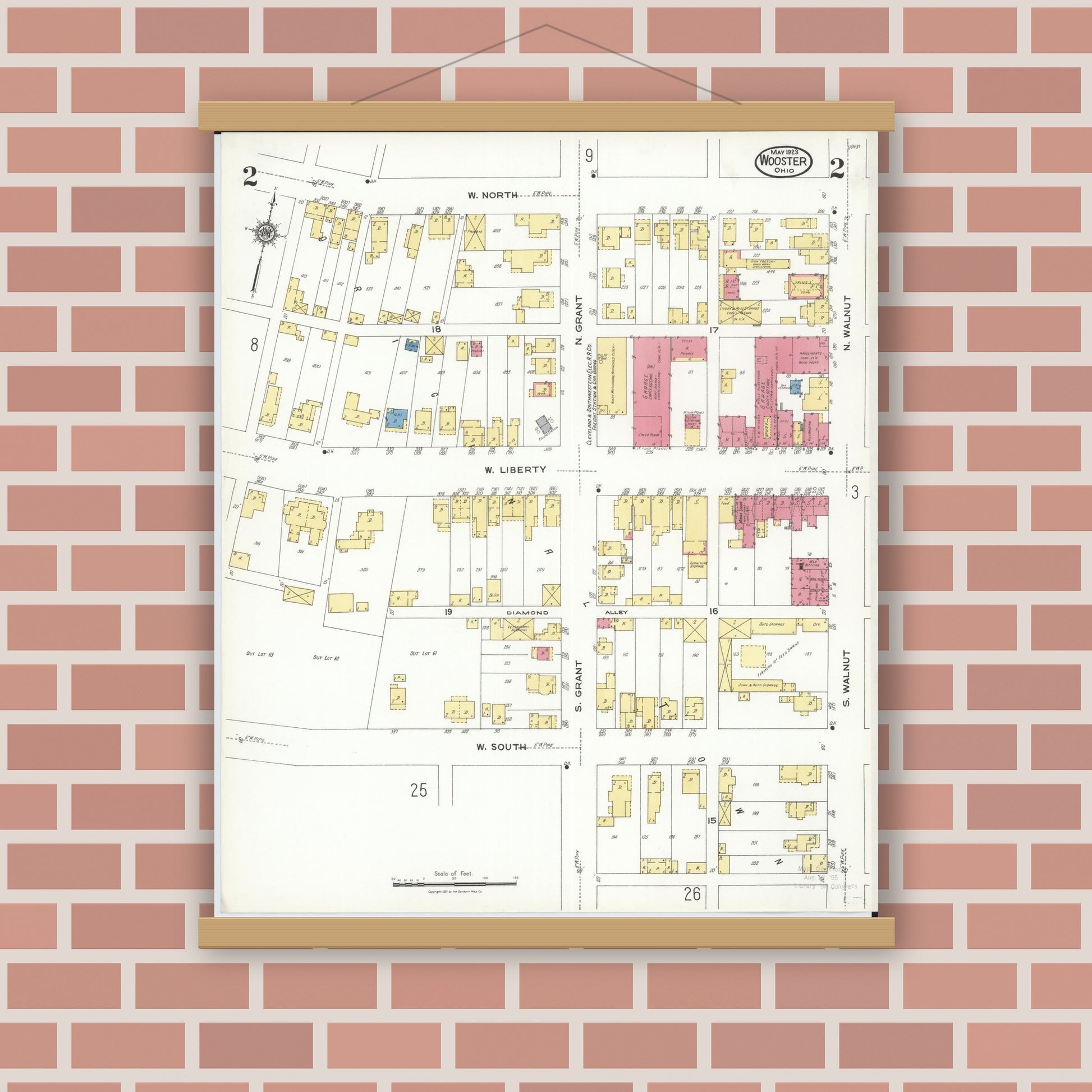 Old map wall art mockup — magnetic wood frame on brick wall — Sanborn Fire Insurance Map from Wooster, Wayne County, Ohio (1923), Sheet #0002