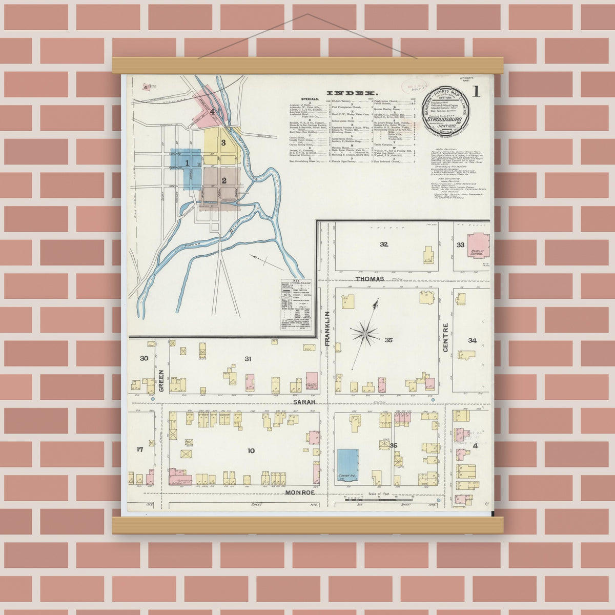 Old map wall art mockup — magnetic wood frame on brick wall — Sanborn Fire Insurance Map from Stroudsburg, Monroe County, Pennsylvania (1892) - Complete Map Set