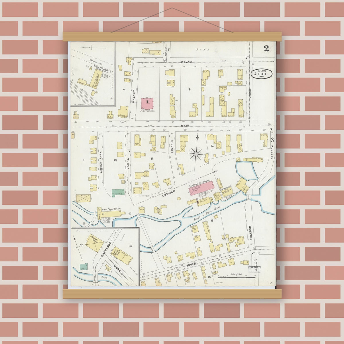 Old map wall art mockup — magnetic wood frame on brick wall — Sanborn Fire Insurance Map from Athol, Worcester County, Massachusetts (1896), Sheet #0002