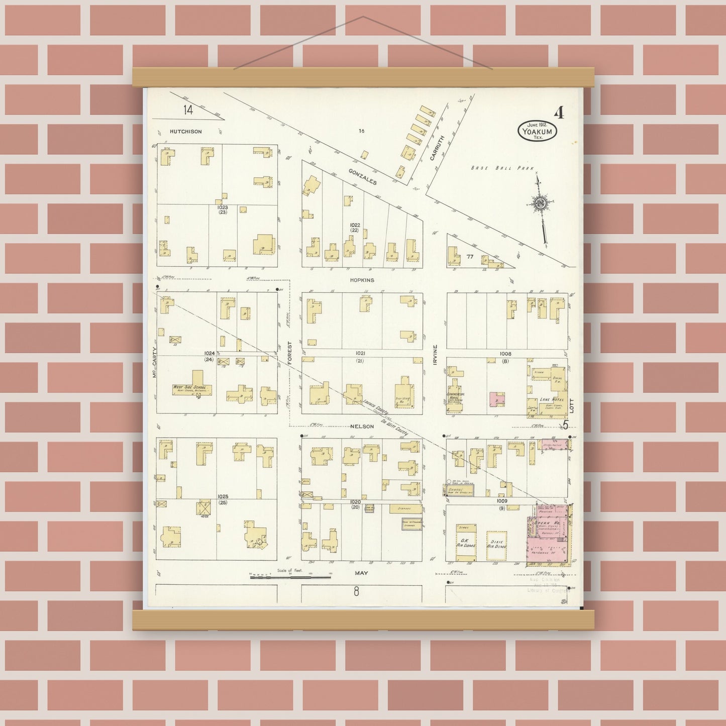 Old map wall art mockup — magnetic wood frame on brick wall — Sanborn Fire Insurance Map from Yoakum, De Witt And Lavaca Counties, Texas (1912), Sheet #0004
