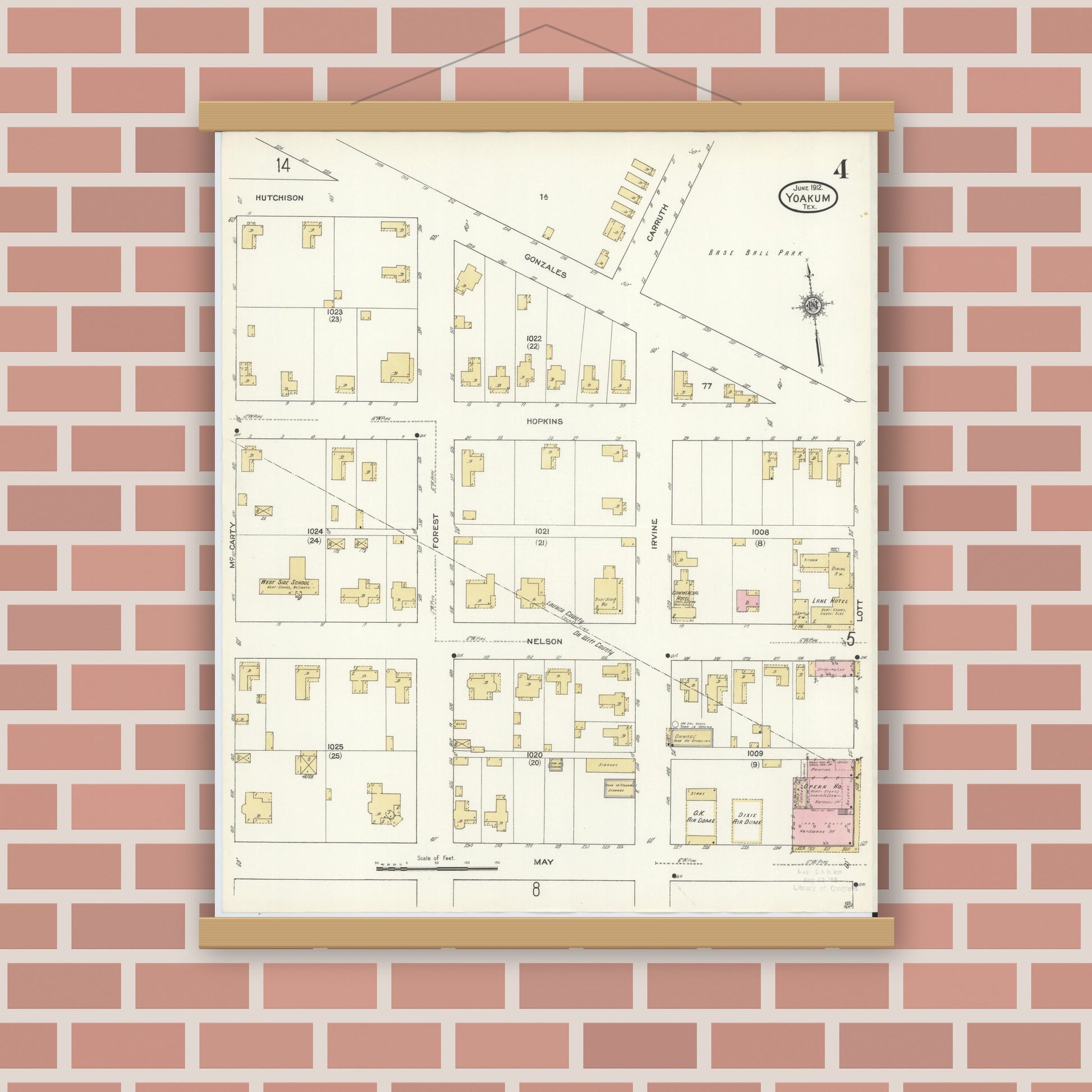 Old map wall art mockup — magnetic wood frame on brick wall — Sanborn Fire Insurance Map from Yoakum, De Witt And Lavaca Counties, Texas (1912), Sheet #0004
