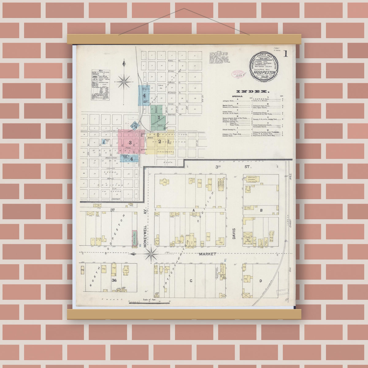 Old map wall art mockup — magnetic wood frame on brick wall — Sanborn Fire Insurance Map from Hoopeston, Vermilion County, Illinois (1890) - Complete Map Set