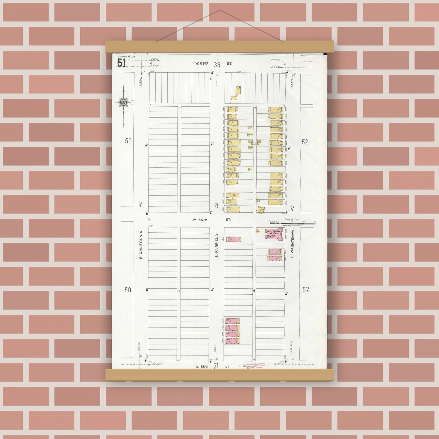 Old map wall art mockup — magnetic wood frame on brick wall — Sanborn Fire Insurance Map from Chicago, Cook County, Illinois (1920), Sheet #0051