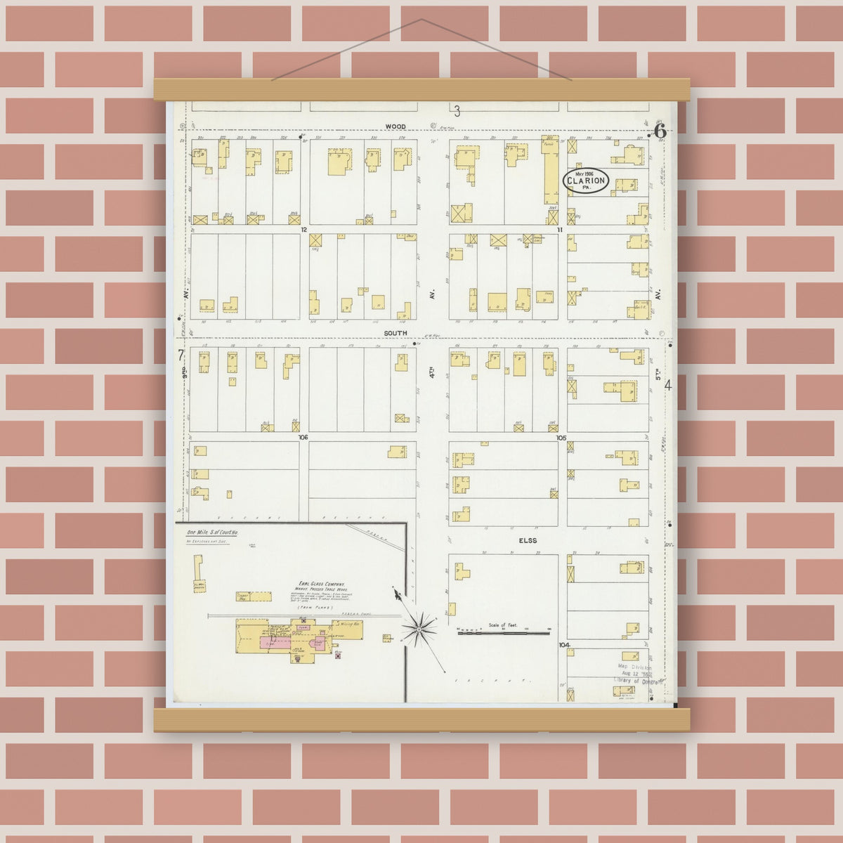 Old map wall art mockup — magnetic wood frame on brick wall — Sanborn Fire Insurance Map from Clarion, Clarion County, Pennsylvania (1906), Sheet #0006